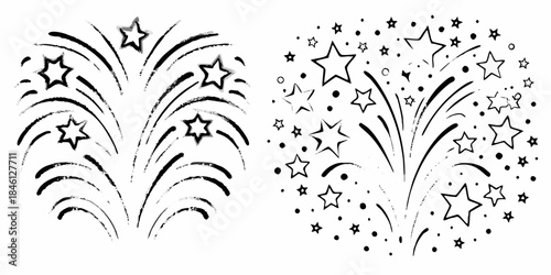 Sketch of fireworks exploding with shining stars and trails in black and white
