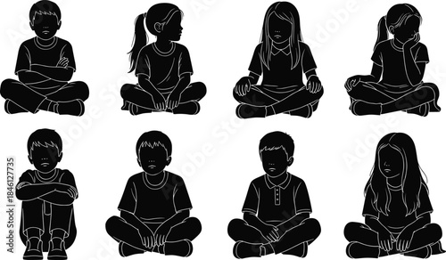 Children sitting silhouettes collection, kids seated in various poses, thoughtful child posture illustration set, calm expressive figures for education and design