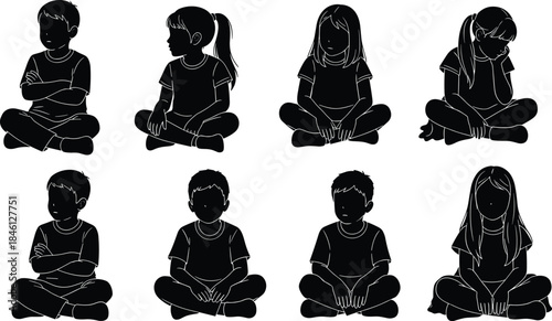 Children sitting quietly in different poses, thoughtful kids silhouette illustration set, calm childhood moments for education, mindfulness, classroom and parenting themes
