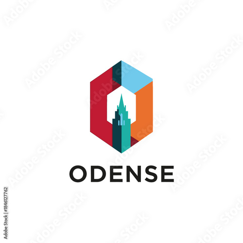 Dynamic abstract geometric hexagon enclosing a tall, modern urban skyscraper silhouette, representing architectural development and urban landscape design