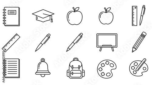 Collection of black line art icons of school supplies and education