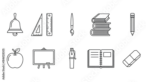 Set of ten black and white line icons of school and learning supplies