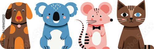 Cute cartoon pet animals set with dog koala mouse and cat characters in colorful flat vector style