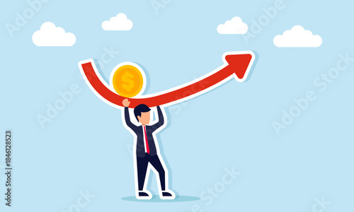 Businessman carrying exponential arrow pushing dollar coins illustrating significant business profit growth