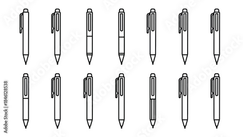 Collection of black line art icons of writing pens