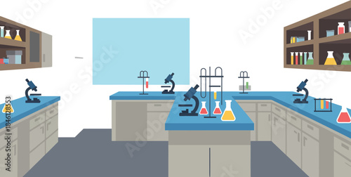 An illustration of a modern science laboratory interior with equipment and glassware illustration