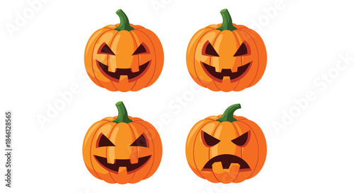 Set of four expressive Halloween jack-o'-lanterns with carved faces showing different emotions: happy, smiling, mischievous, and angry.