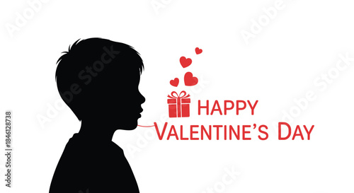 Happy Valentine's Day greeting with the silhouette of a young boy's head, with romantic words, hearts, and a gift icon flowing from his lips.