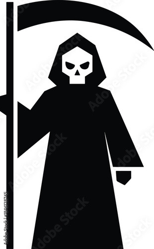 Grim reaper silhouette icon, death scythe symbol isolated minimalist gothic design vector