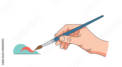 Close-up illustration of a hand holding a blue paintbrush and applying a colorful stroke of turquoise and red paint onto a surface.