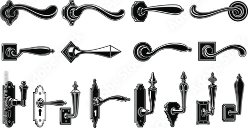 Collection of ornate vintage door handles, classic decorative levers and knobs, antique architectural hardware illustration set for home interior and restoration design