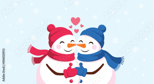 Adorable snowman couple touching noses affectionately while wearing winter hats and scarves, set against a light blue background with snowflakes.