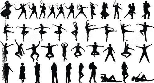 Collection of people silhouettes dancing, playing tennis, exercising, posing in various activities, diverse human figures in motion, sports and dance illustration