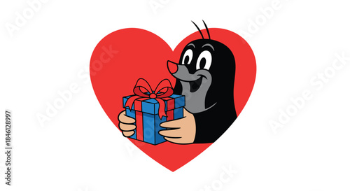 The famous cartoon character Krtek the mole smiling cheerfully while holding a blue gift box, peeking out from inside a large red heart.