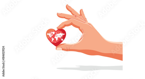 Close-up of a human hand holding a small red heart with a world map, symbolizing a personal commitment to global love, peace, and care.
