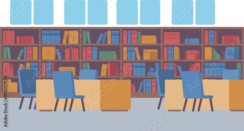 An illustration of a library interior with bookshelves full of books and several empty desks with chairs for studying or reading.