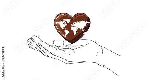 A sketched hand holds a floating chocolate heart with a world map, symbolizing a sweet and universal message of love, peace, and kindness.