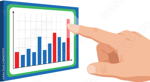 Human finger touching a futuristic digital tablet screen, interacting with a colorful bar chart to analyze business data and financial growth.