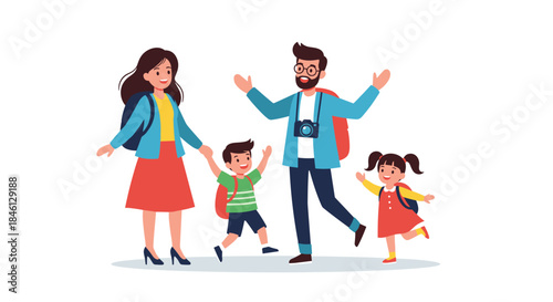 Happy family of four on vacation, with a mother, father, son, and daughter all smiling and wearing backpacks, ready for a new adventure.