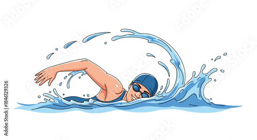 Athletic male swimmer with a swim cap and goggles powerfully performing the freestyle stroke in clear blue water.