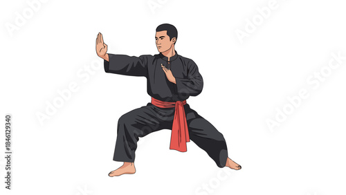 Young Male Martial Artist in Black Uniform Performing Karate Move