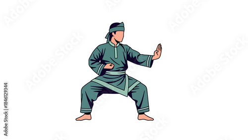 Martial arts practitioner performing a traditional stance in sportswear