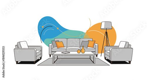 Modern living room interior design featuring a gray sofa, two armchairs, a coffee table, and abstract wall decor.