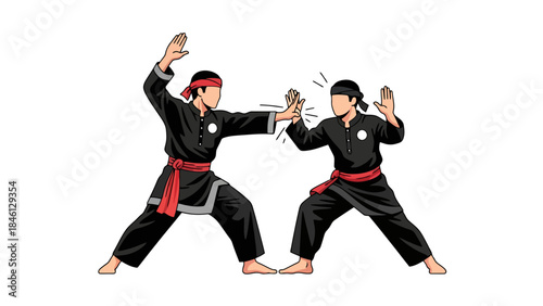 Martial arts practitioners practicing traditional karate in a dojo training session
