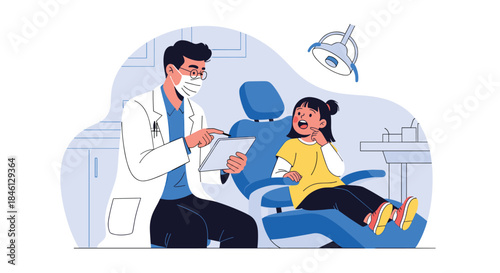 Male dentist in a face mask holding a clipboard consults with a young girl in a dental chair who has a toothache.
