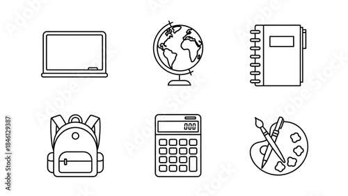 Black and white line icons representing essential school supplies