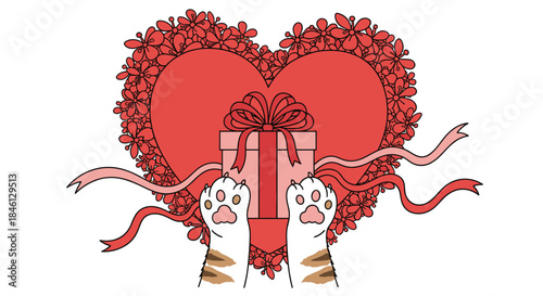Adorable cat paws hold a gift box with a ribbon in front of a large red heart made entirely of lovely red flowers.