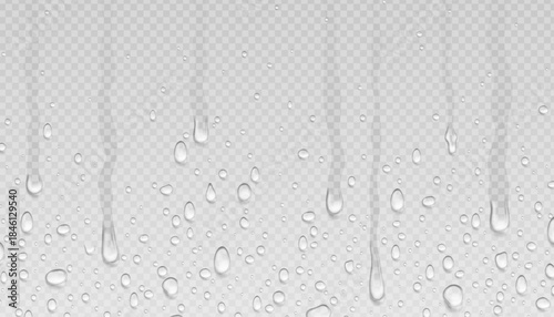 Realistic Water Drop Background with Transparent Droplets, Moisture Condensation, Splash Texture, Dew and Raindrop Effect for Clean Liquid Design