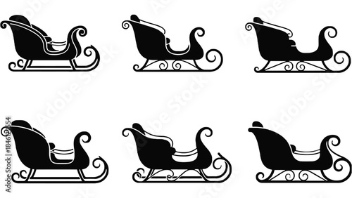 A collection of six black silhouette illustrations of classic Santa Claus sleighs with ornate scrollwork on the runners and handles, displayed in two rows of three.