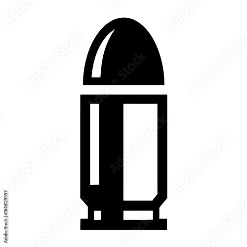 Black silhouette of a handgun or rifle bullet cartridge, symbolizing defense, danger, ammunition, weaponry, and security or law enforcement.