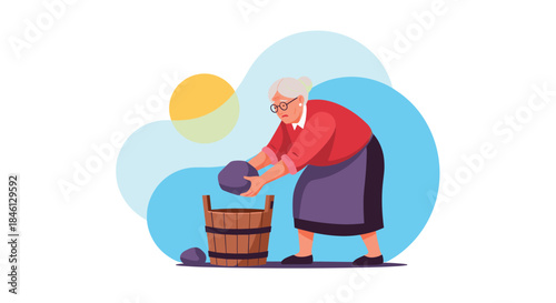 Elderly woman with gray hair and glasses bends over a wooden bucket, carefully washing a dark object with her hands.