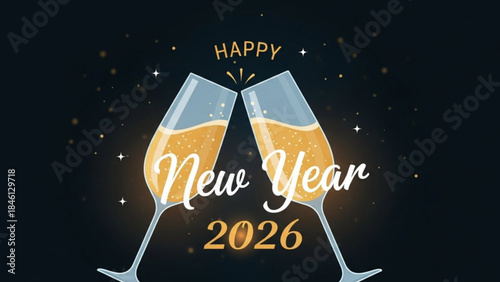 Two champagne glasses clinking together with happy new year 2026 text on black background with stars