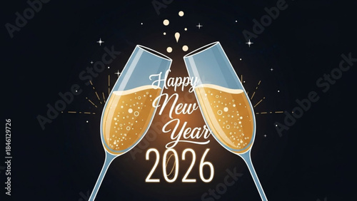 Two champagne glasses clinking together with happy new year 2026 text on a black background with sparkles