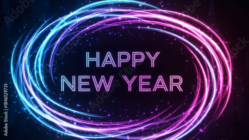 Glowing neon happy new year text with blue and pink circular light trails on dark background with starry night sky