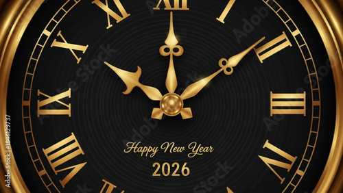 Happy new year 2026 gold clock face with roman numerals on black background with shiny gold hands and frame