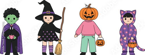 Cute kids wearing Halloween costumes including witch, pumpkin head, vampire and cat outfit illustration set