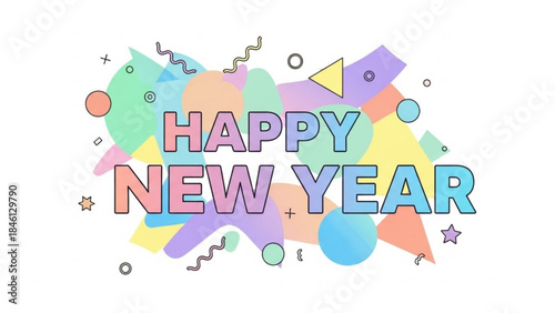 Vibrant colorful abstract shapes and symbols with happy new year text on white background for celebration