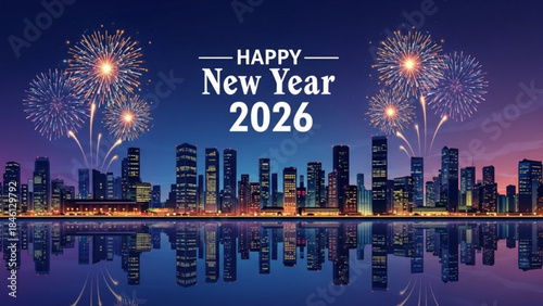 Fireworks exploding over city skyline at night, happy new year 2026 celebration, reflected in water, dark blue and purple sky