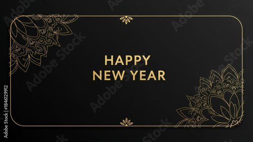 Happy new year celebration card with gold floral designs on black background