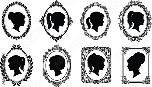 Elegant female silhouette portraits in decorative vintage frames, classic cameo style illustrations for retro artwork, beauty design elements and ornamental themes