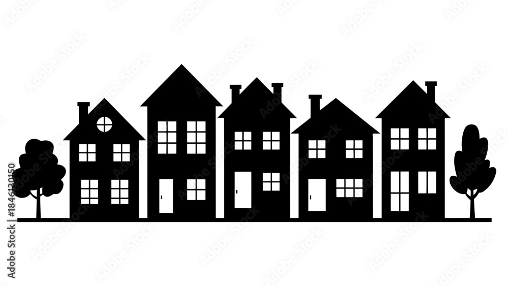 Fototapeta premium A row of silhouetted houses with trees on either side represents a suburban neighborhood.