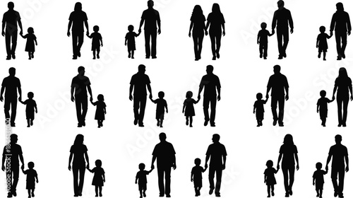 Family silhouettes walking together, parents holding hands with children, unity and bonding illustration, happy family moments, outdoor walking poses for design
