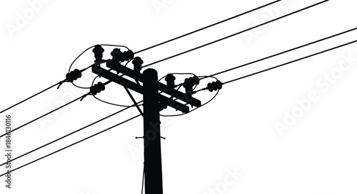 Silhouette of Utility Pole with Insulators and Overhead Power Lines