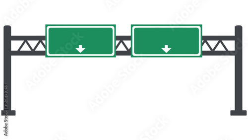 An overhead highway sign structure with two blank green signs, each displaying a downward arrow, indicating directions to upcoming destinations.