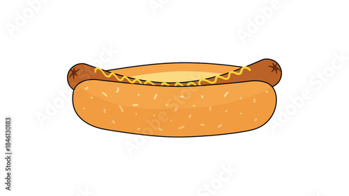 A simple illustration of a hot dog with mustard on a white background.