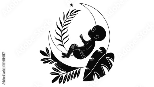A silhouette of a baby peacefully sleeping on a crescent moon adorned with tropical leaves and a star.